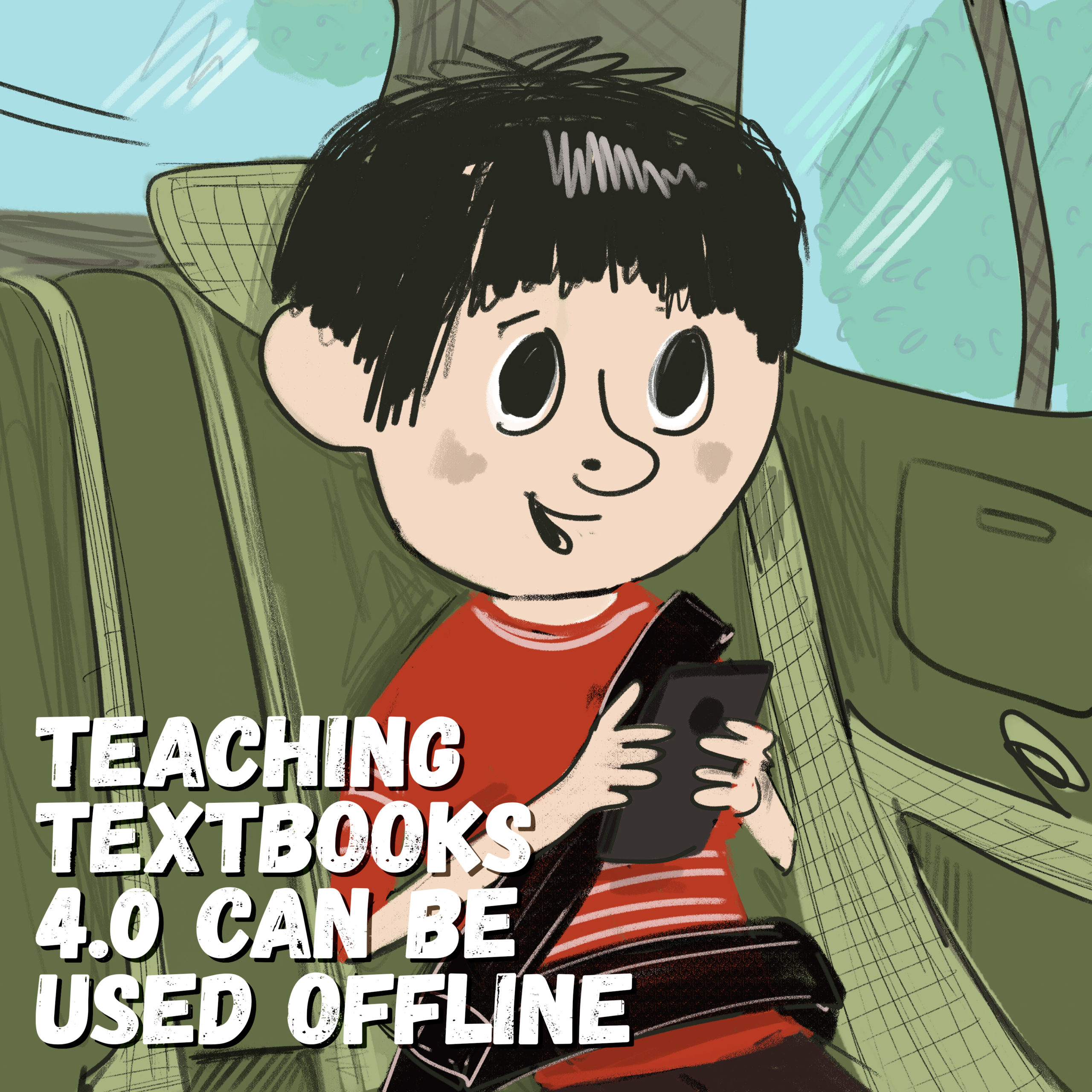 Graphic that says Teaching Textbooks 4.0 can be used offline; drawing of boy doing math on a cell phone
